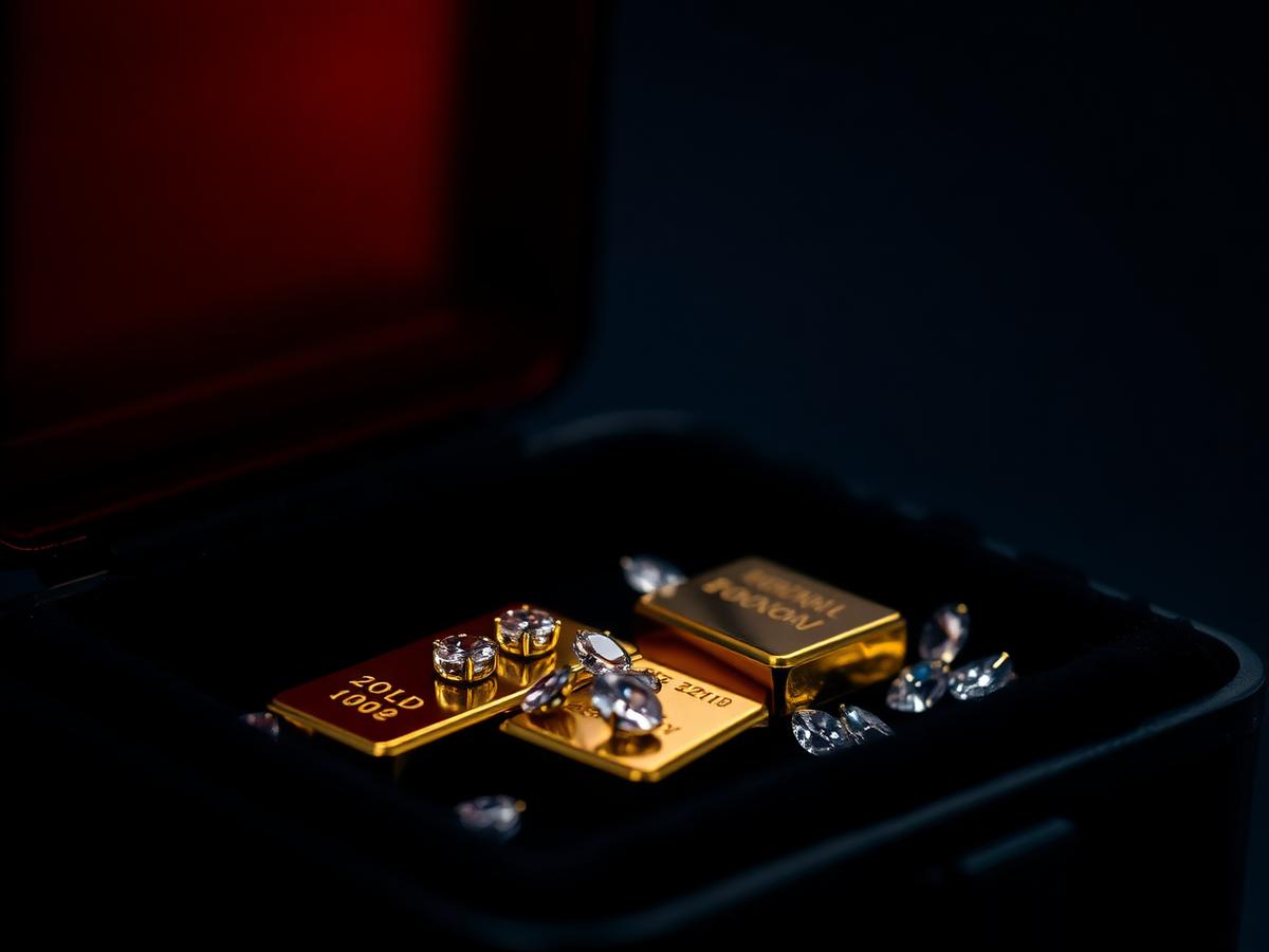 Gold and diamonds in secure case